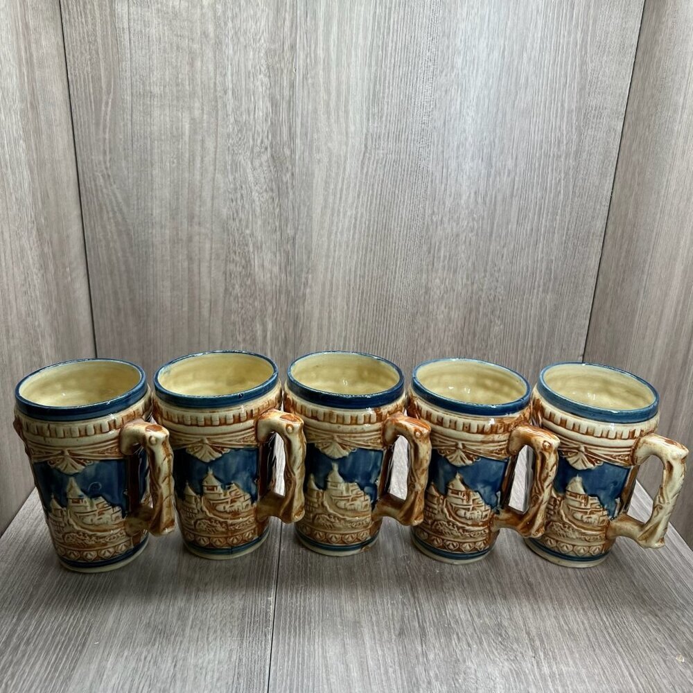 Vtg Ceramic Beer Stein Set w/Lidded Pitcher & 5 Mugs Made in Japan Blue Tan - Picture 9 of 16